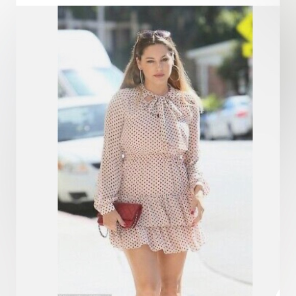 BEBE Bebe Dress Chiffon Mini Ruffled Lined Bow Pink Black Polka Dot - Picture 1 of 5